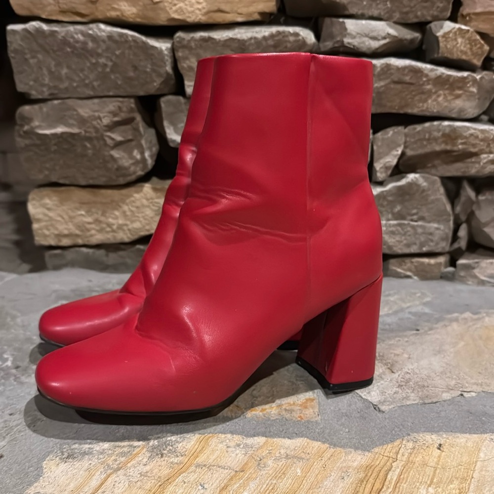 Red faux leather bootie 3” heel size 6